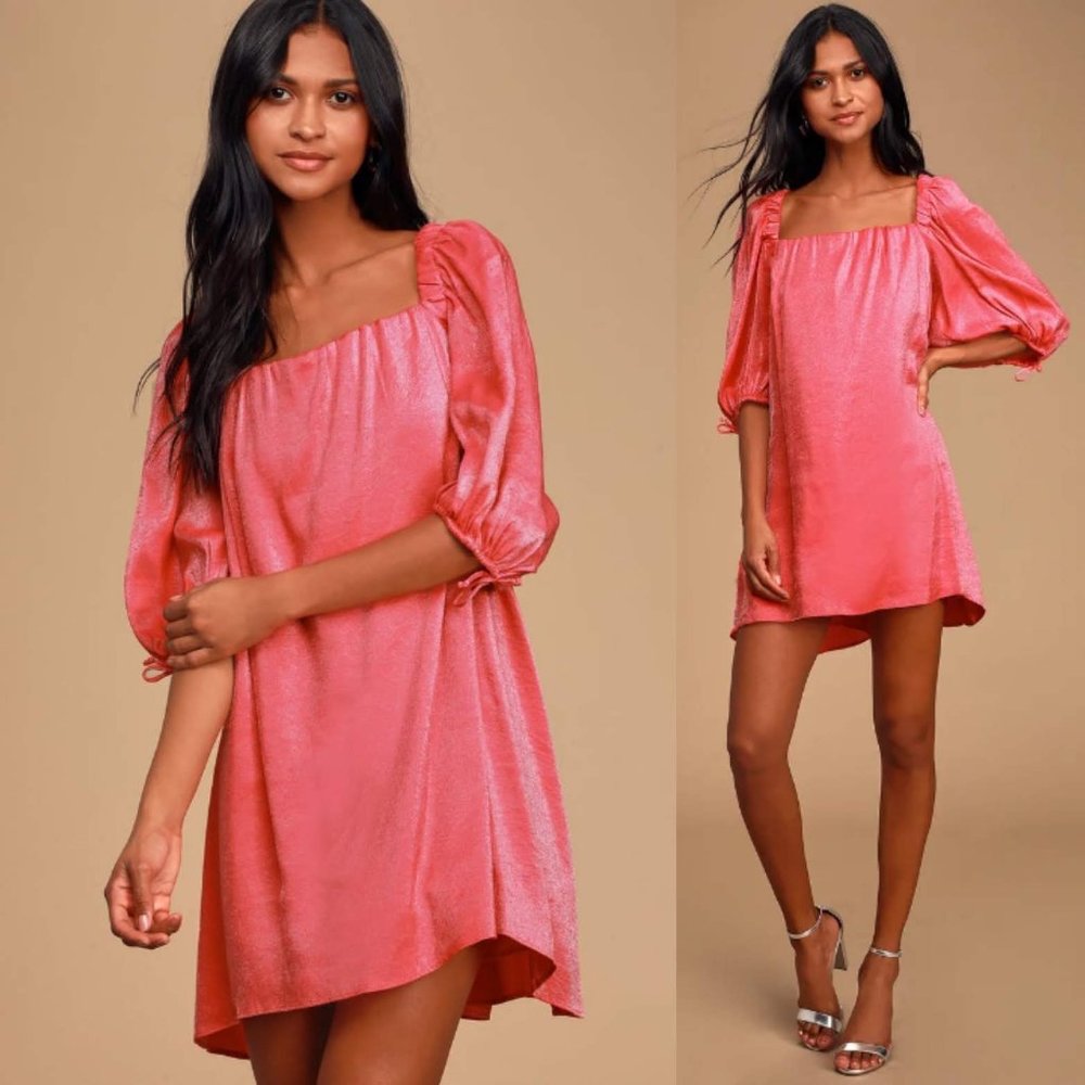 Free People Mara Mini Shift Dress Moxie Pink Metallic Puff Sleeves Boho Hippie S